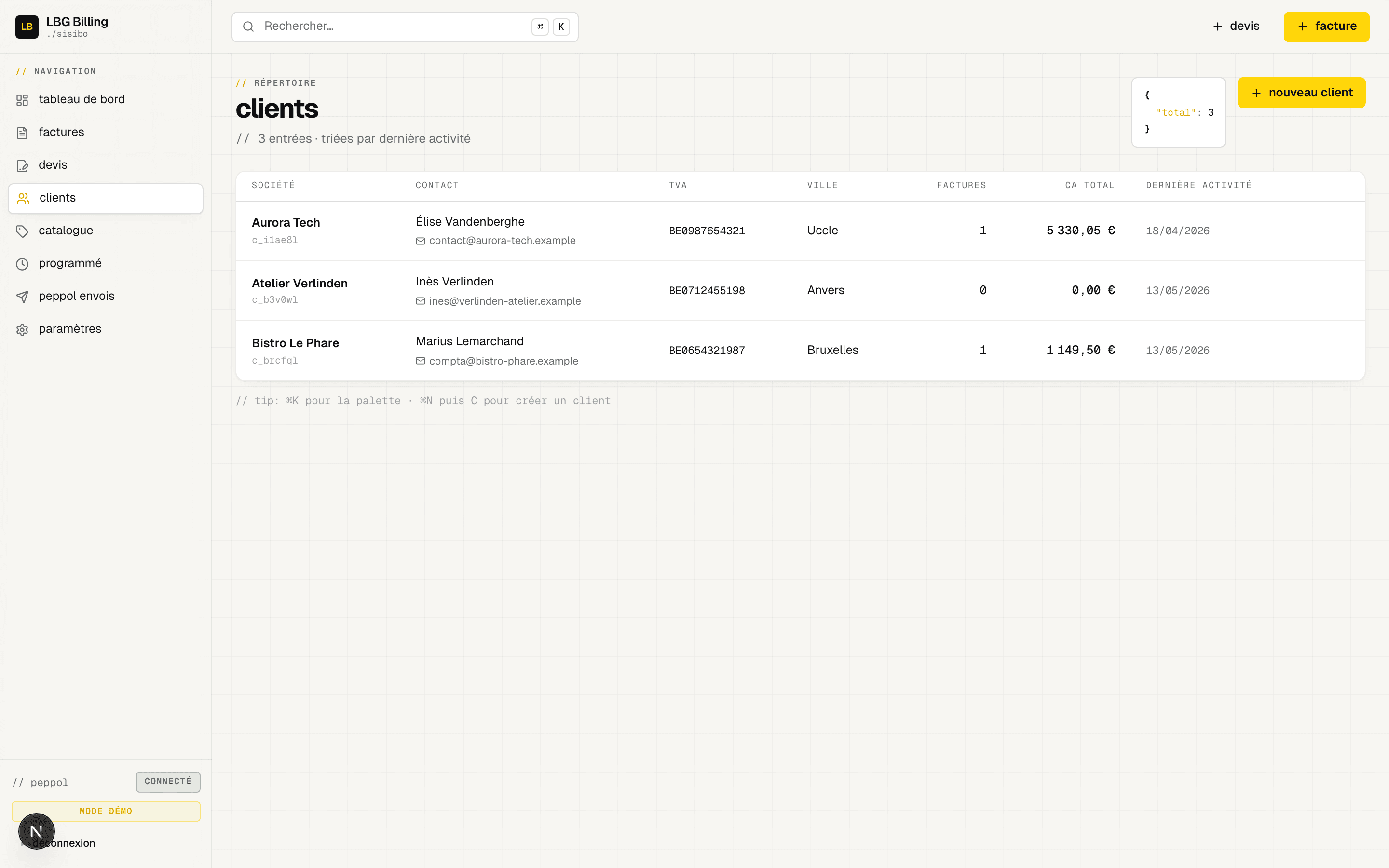 LBG Billing · Répertoire clients