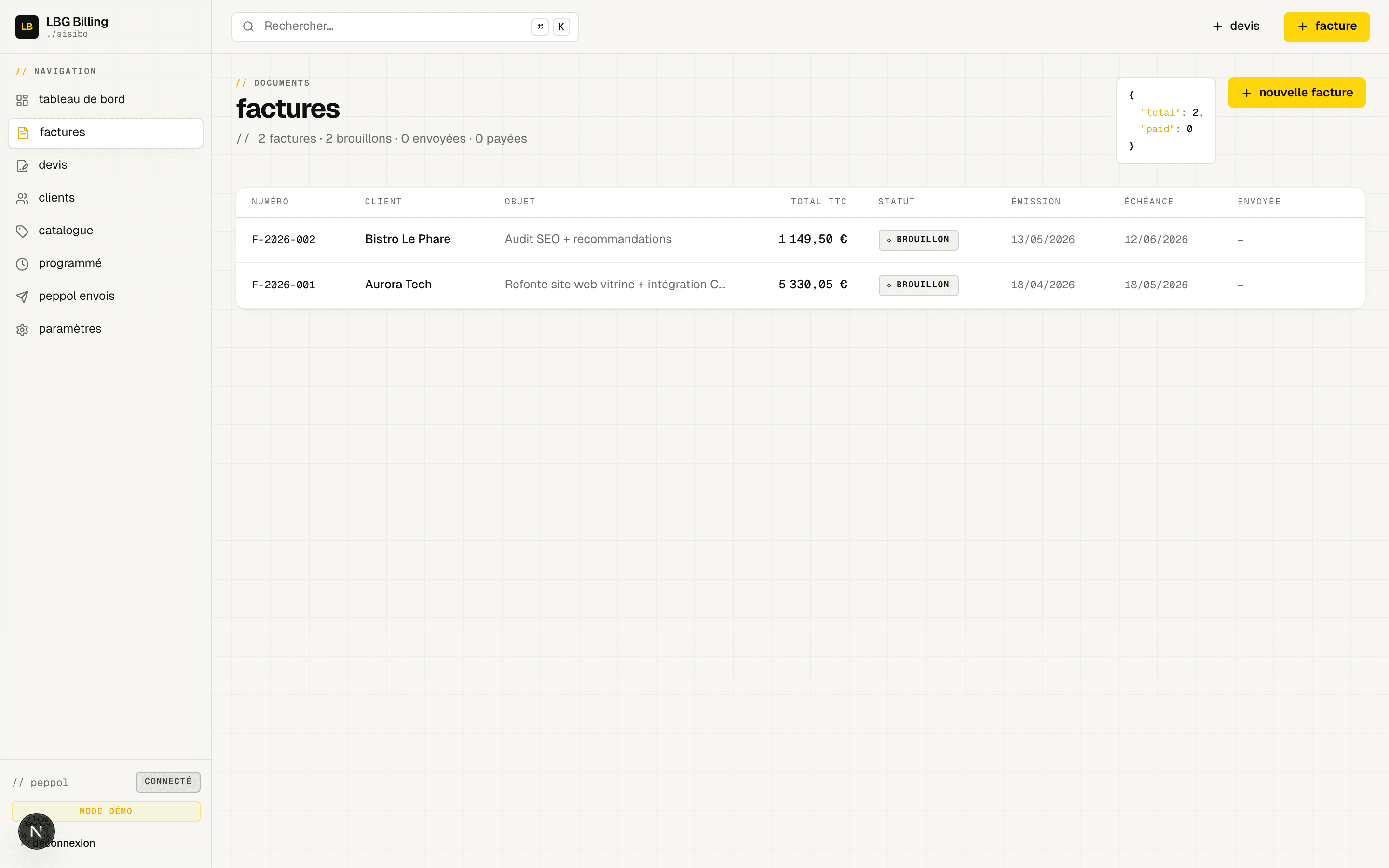 LBG Billing · Liste des factures