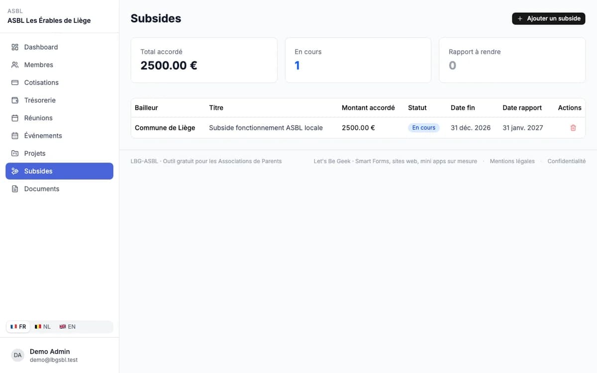LBG-ASBL - subsides