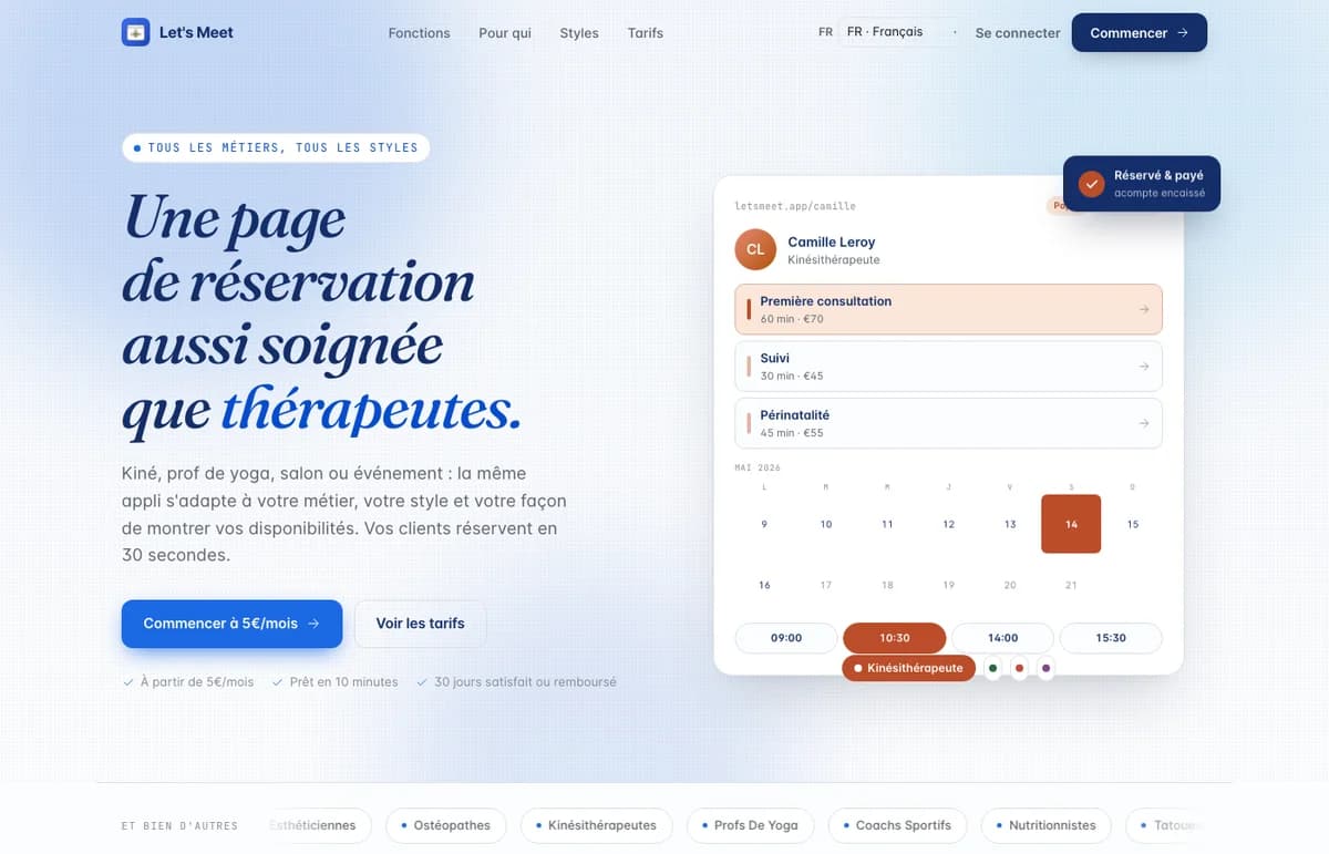 Let's Meet - page de réservation SaaS - hero
