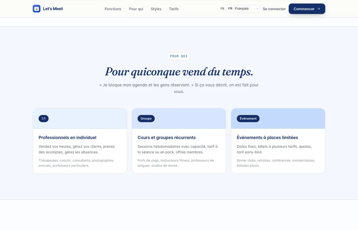 Let's Meet - styles de booking pages