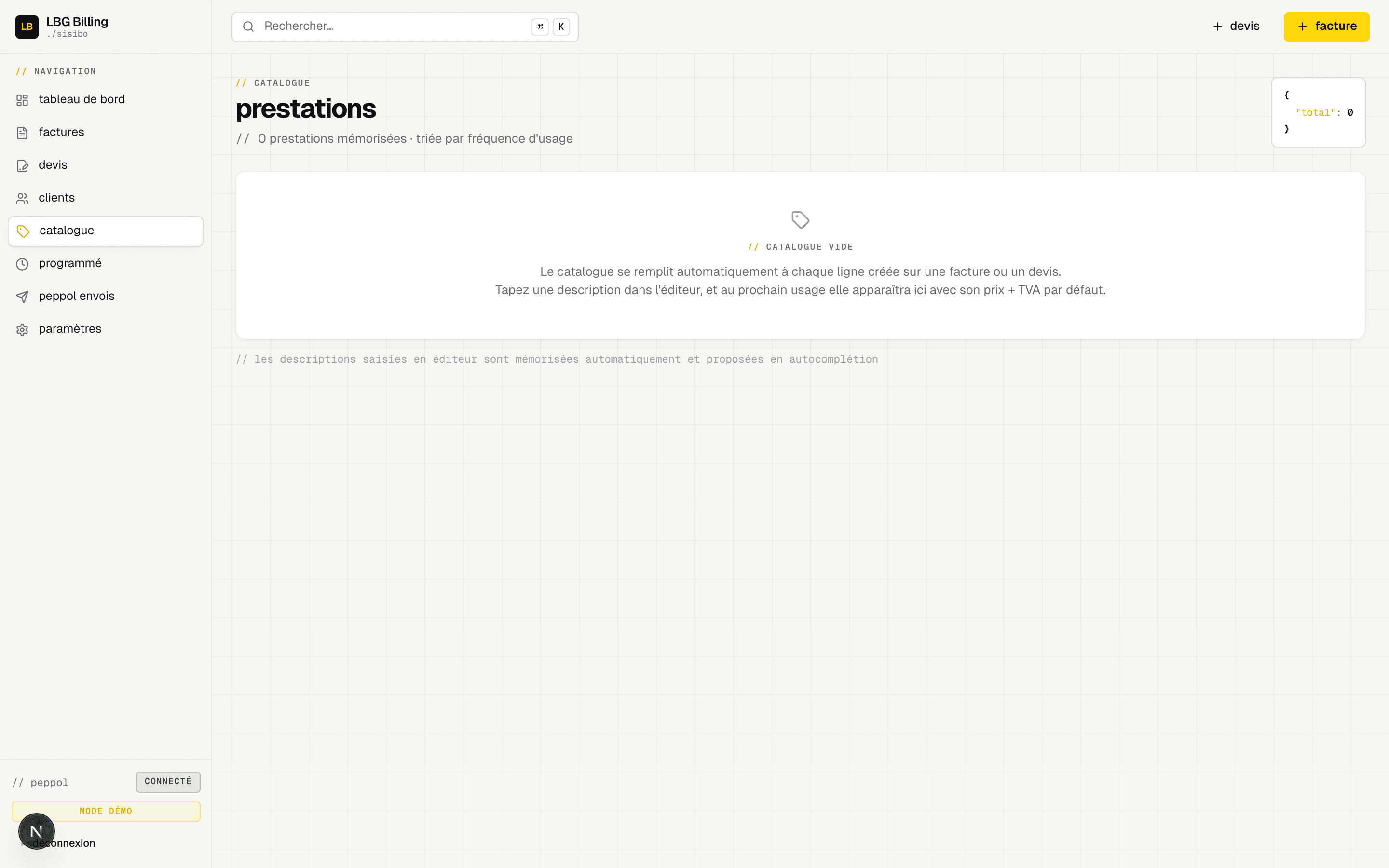 LBG Billing · Catalogue produits