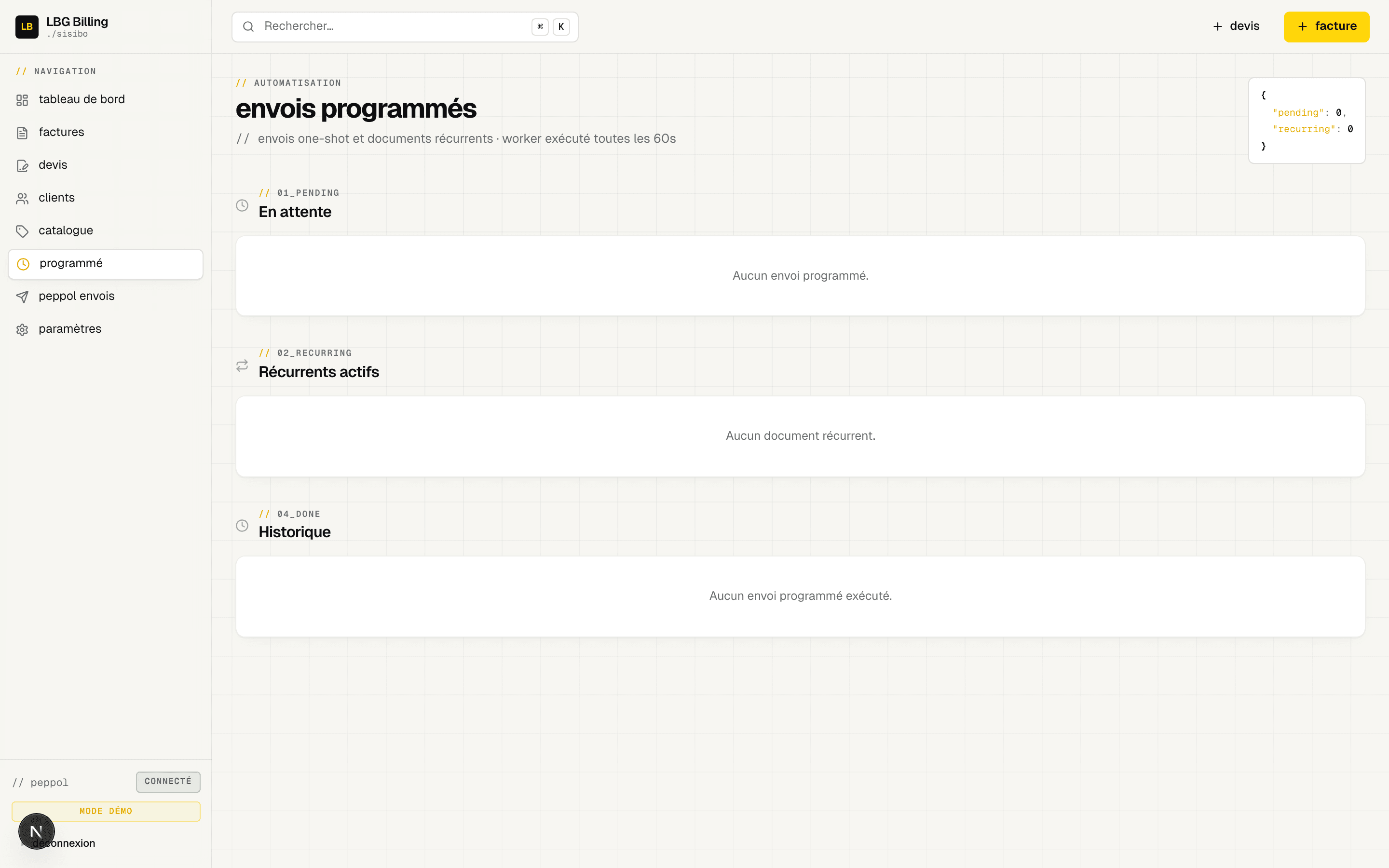 LBG Billing · Programmation des envois