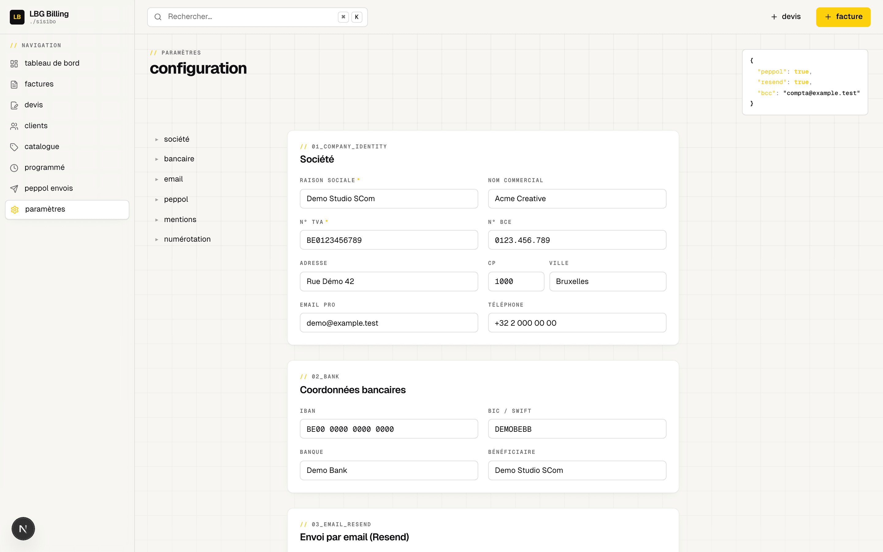 LBG Billing · Paramètres