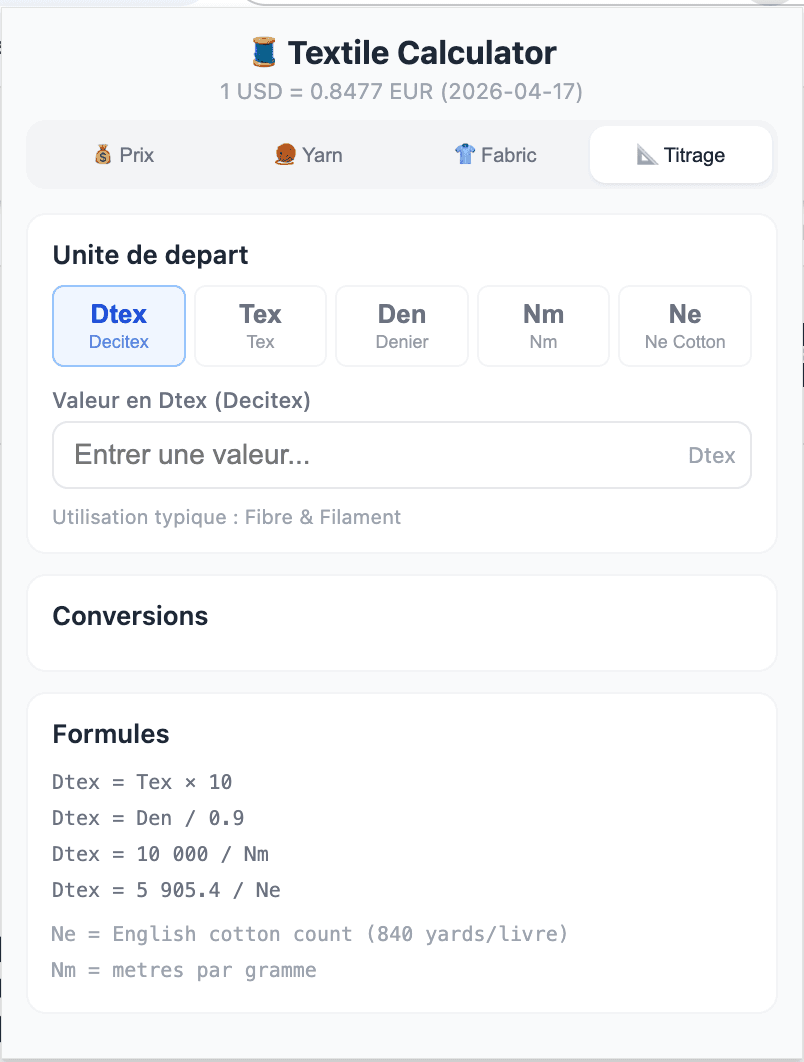 Plugin Chrome - Calculateur textile 3