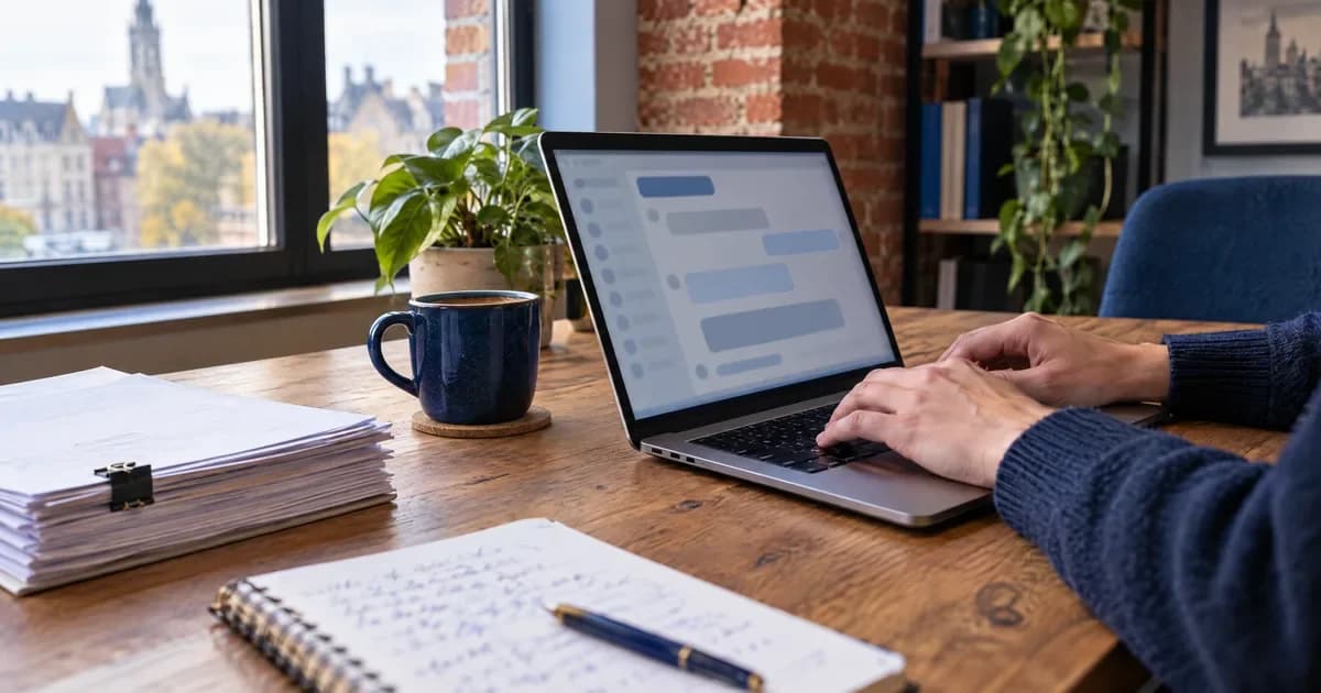 Bureau de PME aux murs de brique : mains tapant sur un ordinateur affichant une conversation d'IA, tasse bleue et dossiers