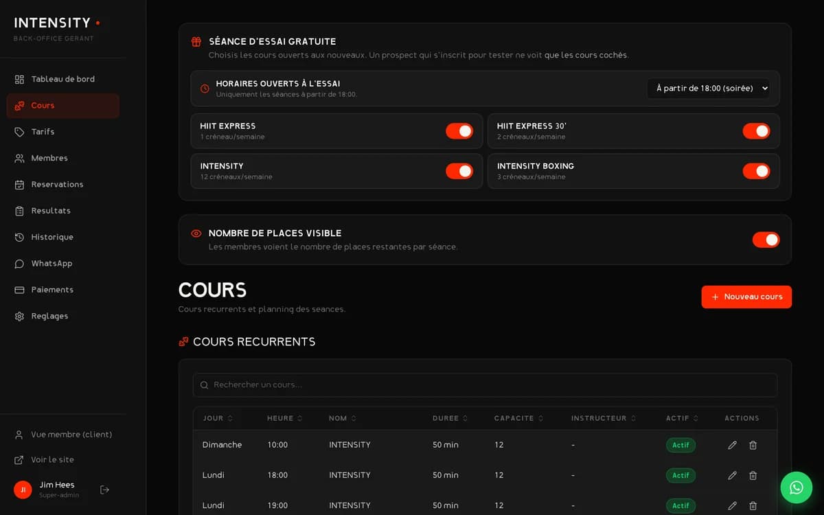 Intensity admin cours
