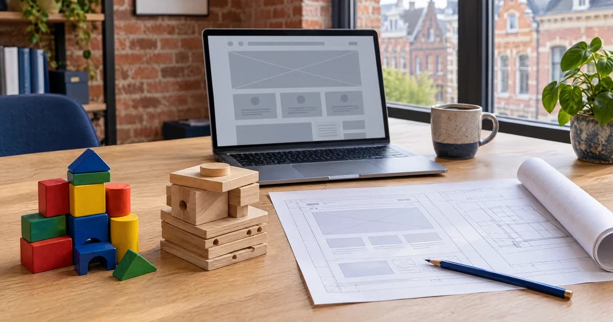 Bureau en brique face à des façades belges : blocs colorés, pièces de bois et plan de site devant un ordinateur portable
